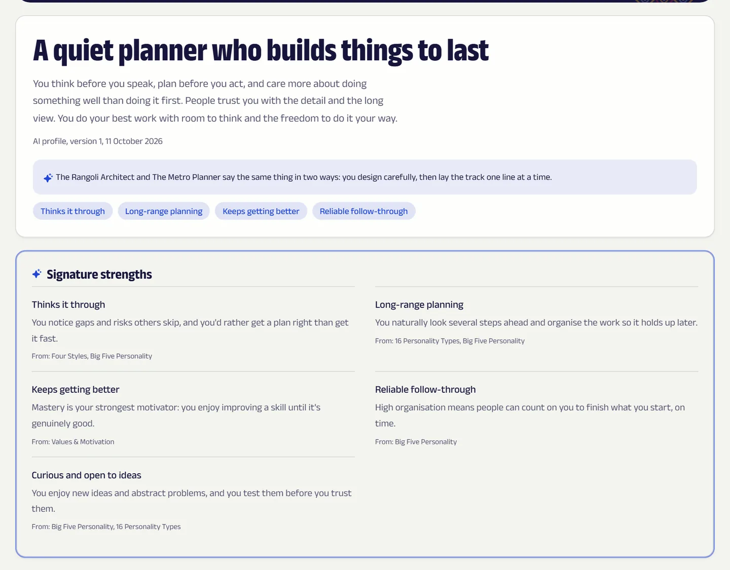 An Atlas Profile with a headline, snapshot and highlighted signature strengths drawn from several tests